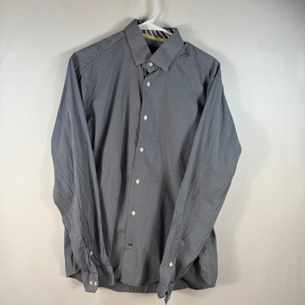 Ben Sherman Mens Navy Blue Gingham Micro Check Button Down Shirt Size M 15.5